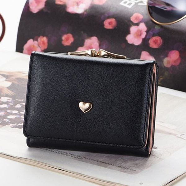 

women short gift small lock metal frame snap closure portable tri-fold card holder pu leather clutch purse wallet love heart, Red;black