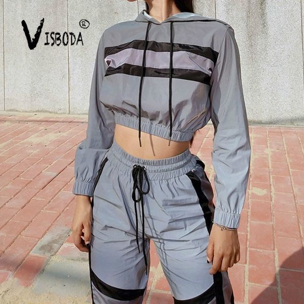 

шт 2 женские костюмы set reflection crop top и брюки мода женский сыпучие длинным рукавом толстовки jogger брюки комплекты femme, Gray