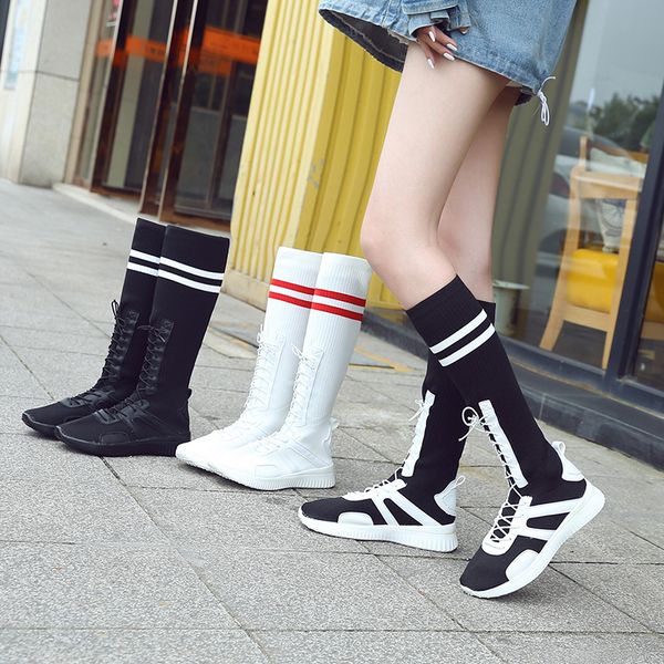 

women's high boots socks 2019 new fashion heel knit boots ladies casual non-slip shoes black white size 35-40