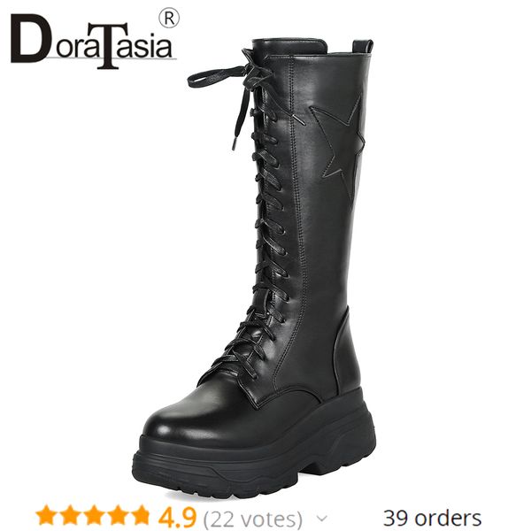 

doratasia fashion big size 33-43 mid-calf platform motorcycle boots women 2019 winter ladies lace-up high heels shoes woman, Black