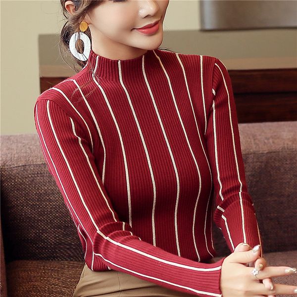 

2019 autumn winter striped high neck sweater womens knitted pullovers fashion elastic striped sweaters womens casual jumper, White;black