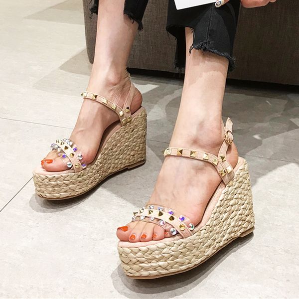 

handmade sandal rhinestone sandals fashion womens shoes 2020 high heels suit female beige muffins shoe wedge rope with, Black