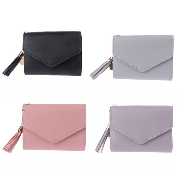 

2019 fashion women short wallet fashion lady tassel change coin pocket purse triifold clutch bag pu leather wallet, Red;black