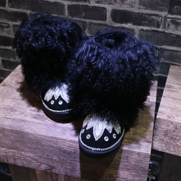 

black furry boots women rhinestones princess winter snow boots warm plush shoes woman luxury winter shoes female botines mujer