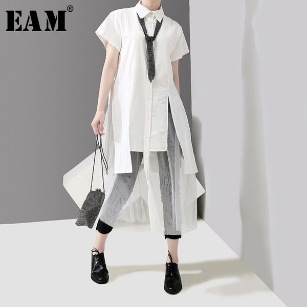 

eam] women white asymmetrical mesh split shirt dress new lapel short sleeve loose fit fashion tide spring summer 2020 1t430, Black;gray