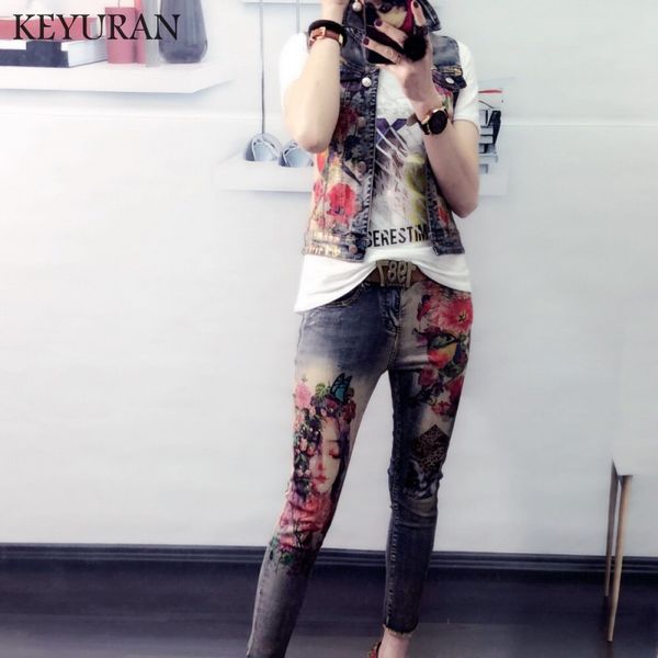 

new printed flowers print elastic jeans jacket pants suit lady elastic painting trends women denim vest coat + jeans 2 piece set, White