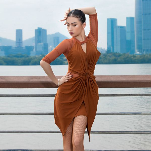

stage wear half-sleeve gauze perspecitve irregular latin dance one-piece dress for female/women,ballroom costumes performance md20101, Black;red