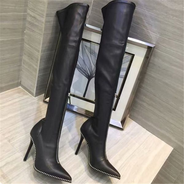 

bottes femme zapatos de mujer pointed toe ladies shoes over the knee boots women thin heels high heels metal rivet shoes, Black