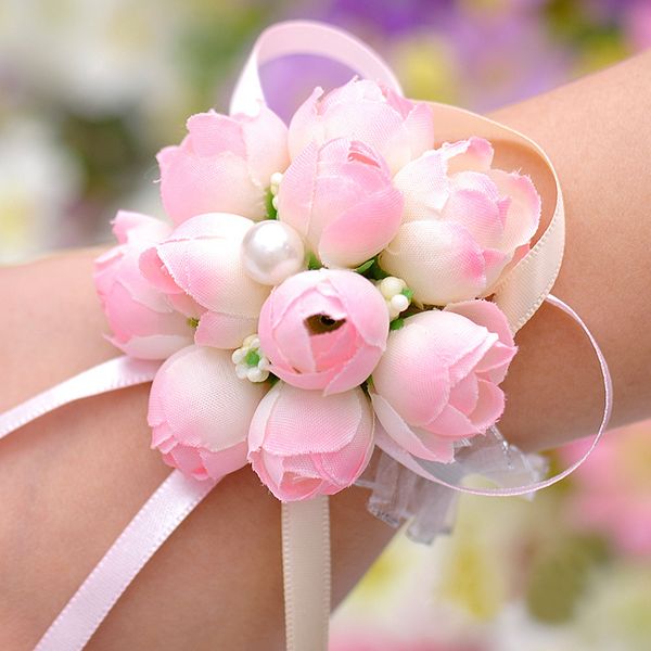 

prom beutiful pe rose flower party wrist flower wedding wrist flower pink bridesmaid silk corsage hand flowers for mariage