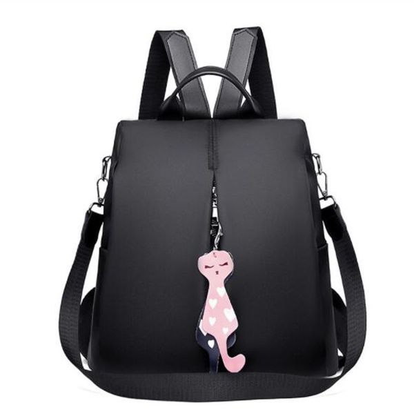 

multi-use nylon backpack solid color large daypack for female bagpack with cat pendant women simple travel shoulder bags