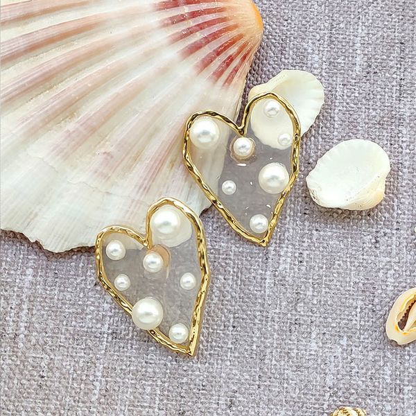 

just feel fashion transparent heart star stud earrings 2019 geometric pearl earrings for women wedding elegant style bijoux gift, Golden;silver