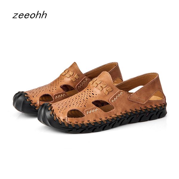 

2019 new summer sandals men's breathable leather sandals men's flat shoes large size fashion casual beach sho, Black