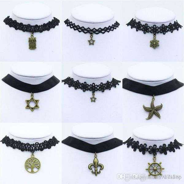 

30 styles gothic style vintage hollow-out flower lace collar velvet ribbon neckband bell starfish tattoo statement choker necklace, Golden;silver