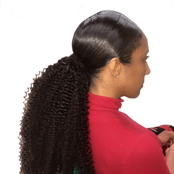 

kinky curly ponytail 100% human hair drawstring ponytail with clips in for women ribbob wraps brazilian virgin remy hair 1 piece, Black