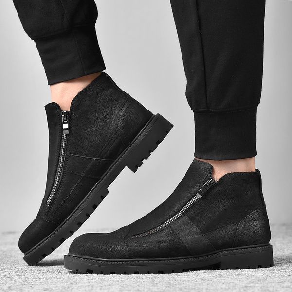 

boots fashion shoes men's ankle genuine leather comfortable spring autumn waterproof men casual zips, Black