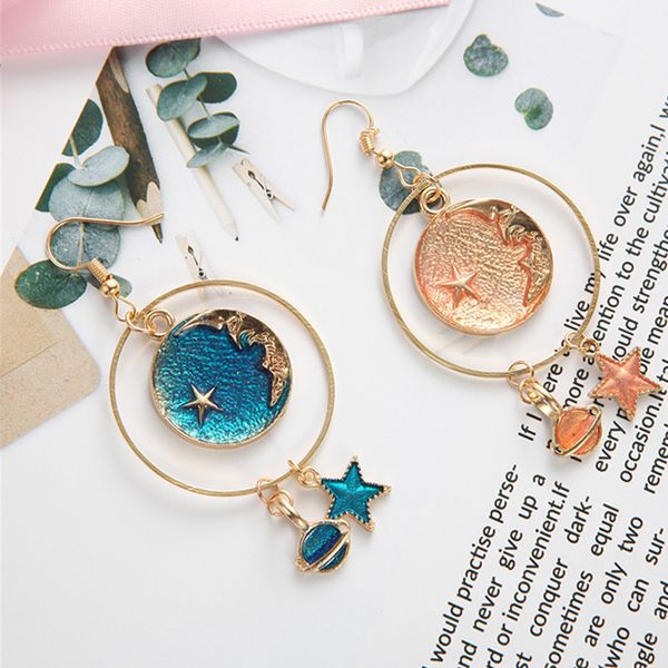 

enamel cartoon dangle earrings wedding party studs star moon women jewelry, Golden