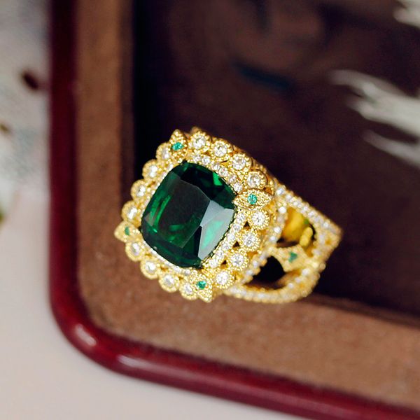 

fashion luxury vintage rough palace style gold tone rectangle big green or blue stone ring lace side cz women party jewelry, Silver