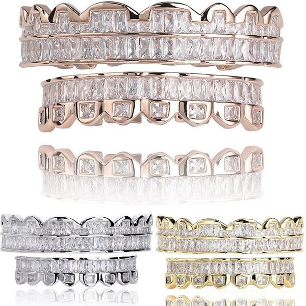 

new baguette set teeth grillz & bottom rose gold silver color grills dental mouth hip hop fashion jewelry rapper jewelry, Black
