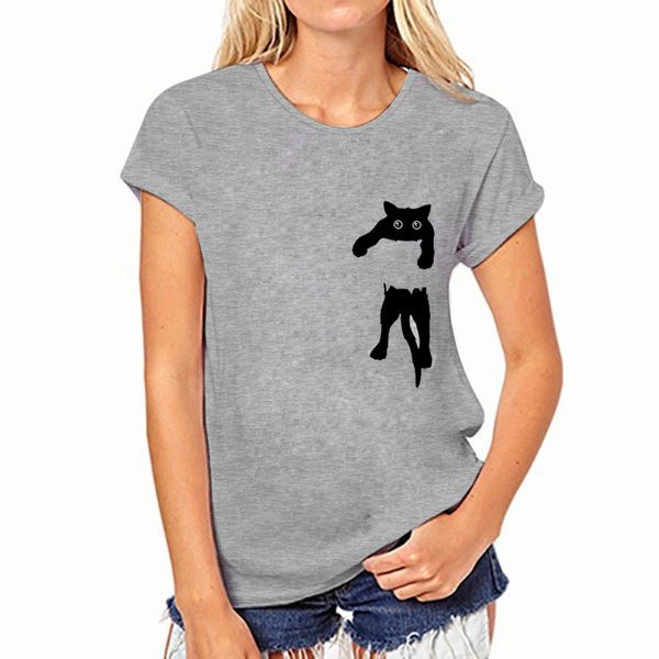 

women's designer fashion printed t-shirt women's chest label pocket cat t-shirt large size women's short-sleeved fashion t-sh, White
