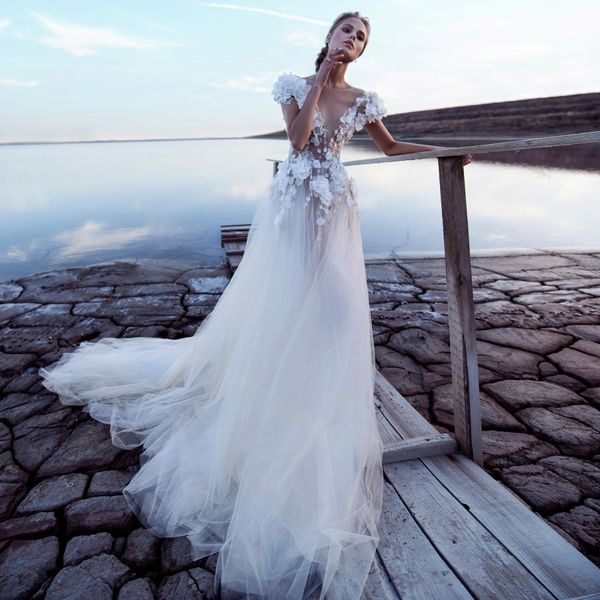 

graceful beach backless wedding dresses beaded sheer deep v neck a line 3d appliqued bridal gowns sweep train tulle robe de mariÃ©e, White