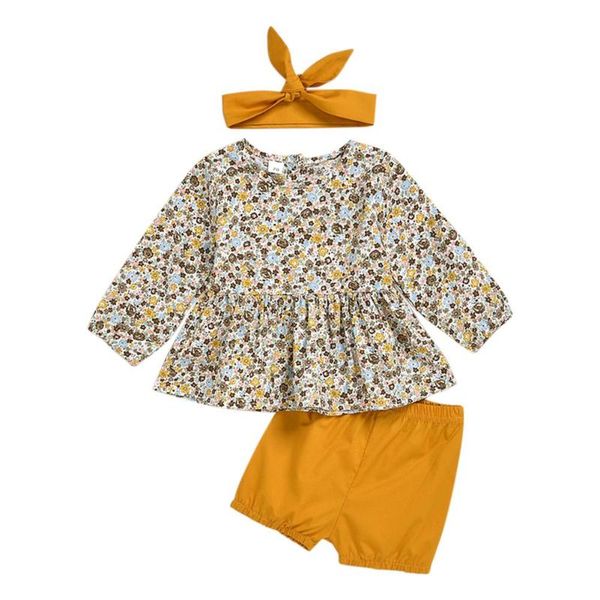 

leisure cute clothing set 3pcs floral printing baby o-neck long sleeve breathable personality shorts headwear suit, White
