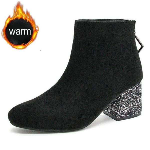 

european style contracted girl boots woman british style rivet boots autumn winter new high-heeled shoes plus warm, Black