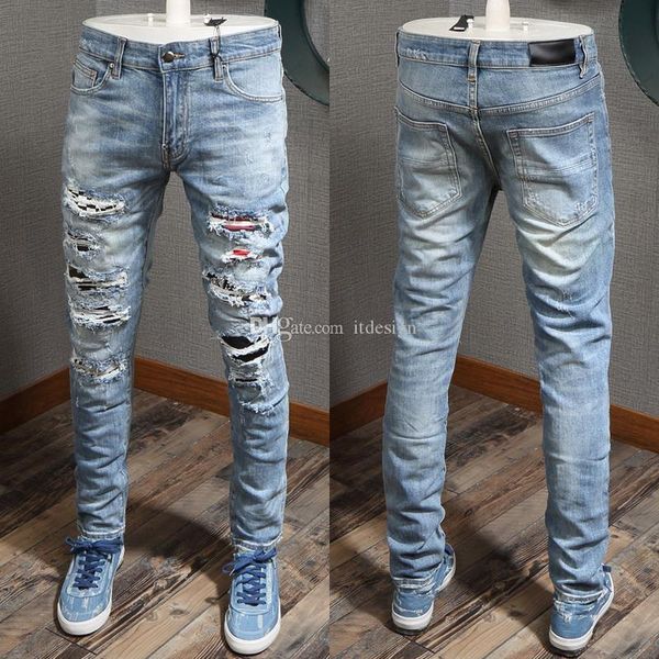

men hip hop night club street fashion jeans with art patch destroyed slim fit vintage wash denim, Blue