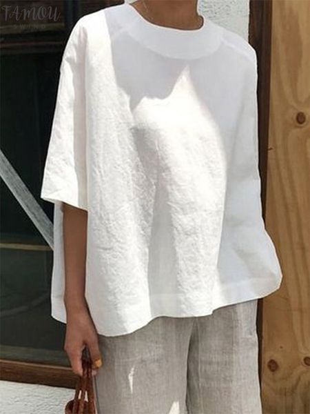 

solid cotton linen t shirt causal o neck half sleeve shirts plus size loose women tee simple women summer 2020, White