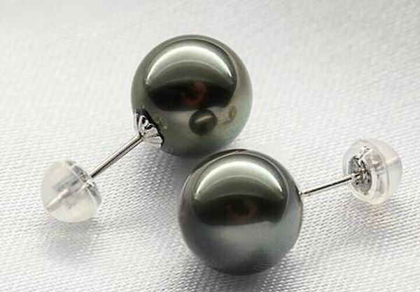 

impressive pair of 10-11mm tahitian black pearl earring 18k, White