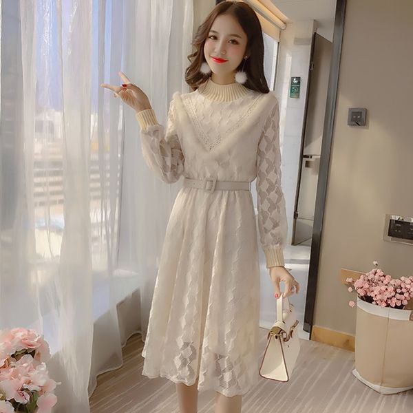 

spring 2020 new fashion temperament plus velvet lace dress long-sleeved small fragrance women's bottoming women's dresses, Black;gray
