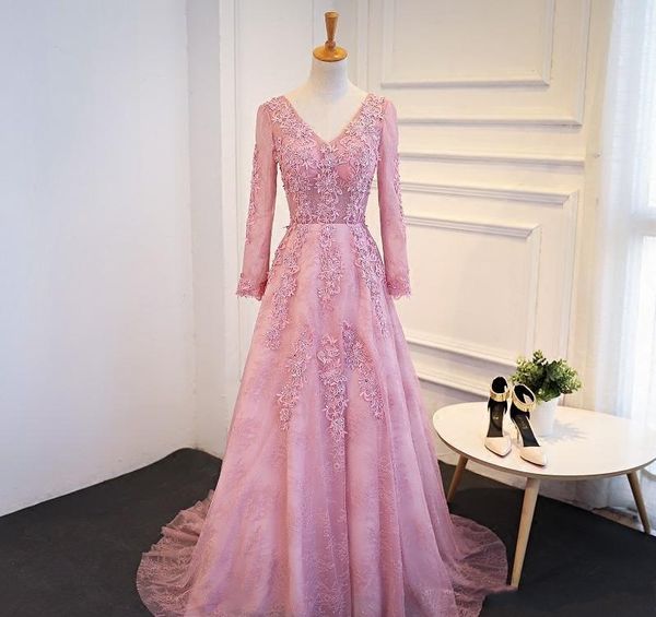 

a-line v collar meat pink lace applique crystal formal evening dresses and long sleeved dresses long tailed elegant banquet gowns, Black;red