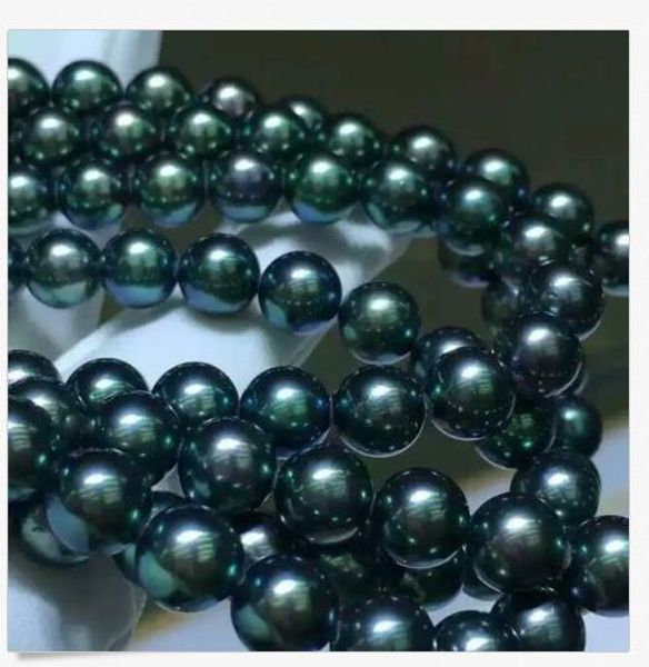 

35 inch huge natural south sea 9-10mm black green pearl necklace 14k gold clasp, Silver