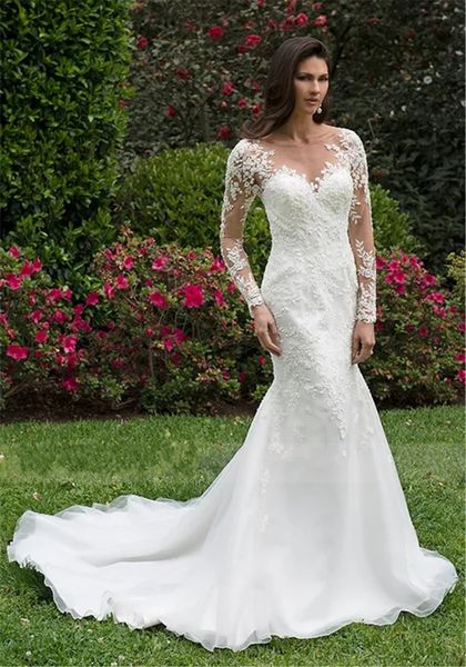 2020 Ilusão de Laço Cascatas sobre cetim nesta sereia vestido de casamento quadra de comprimento comprimento longo mangas pelas costas apliques vestido nupcial