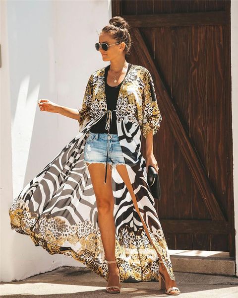 

2020 bikini cover-ups swimwear leopard print long kimono cardigan plus size chiffon tunic women beach wear swim suit cover up beachwear new, White;black