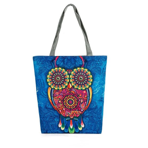

large cartoon owl print canvas shoulder bag zipper casual tote shopping handbag f42a