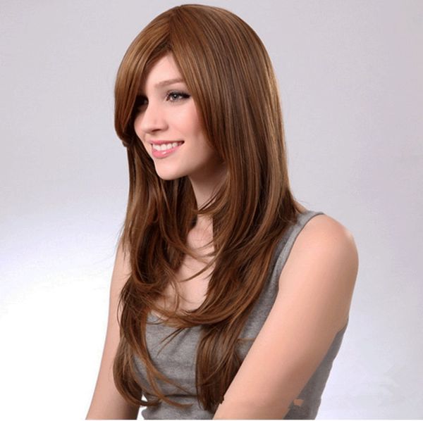 2020 Natural Perfect Wig Lady Oblique Bangs Long Hair Highlights