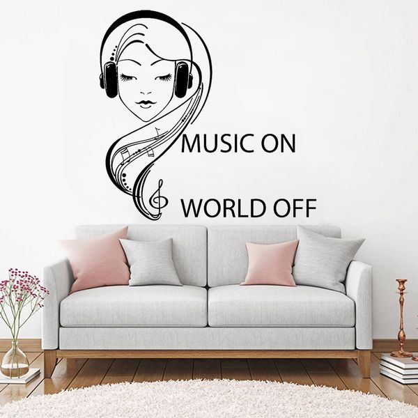Music Headphones Teenagers Girl Wall Decal Quotes Music On World Off Vinyl Wall Decals Family Room Decoration Art Mural Decals For Home Walls Decals