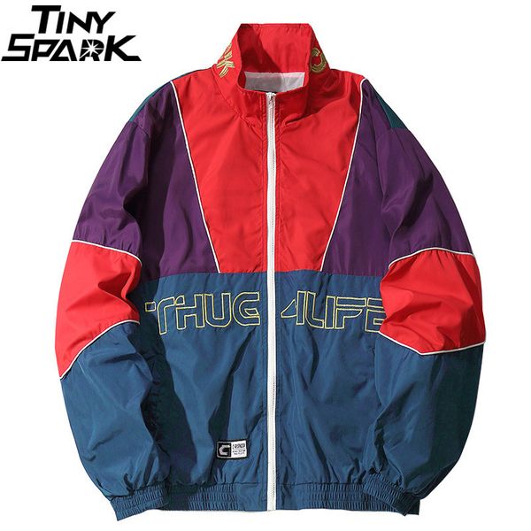 

мужчины хип-хоп куртка пальто цвет блока пэчворк трек куртка ветровка негабаритных ретро старинные уличная одежда harajuku осень, Black;brown