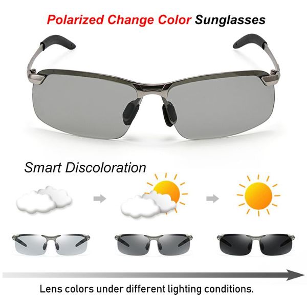 Photochromic Sunglasses Men polarizada condução Chameleon Óculos Masculino Mudança dos óculos de sol cor dia Night Vision Driving Eyewear