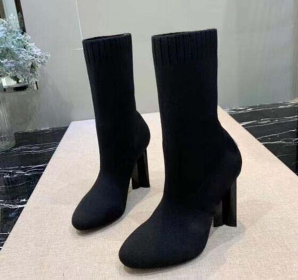 

10cm high heels knit sock boots fashion brand designer women's evening party boot with original box 289, Black