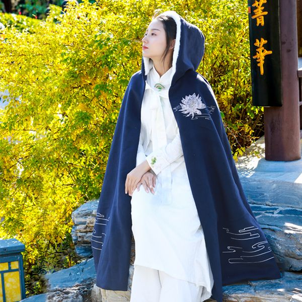 

chinese vintage costume cloak autumn winter thickened clothing double layer wool warm hanfu cloak embroidered witch hoodie wear, Red