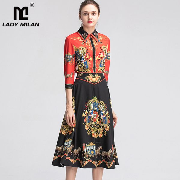 

2019 women's runway twinsets turn down collar 3/4 sleeves beaded printed shirts with floral skirts two piece dresses sets, White