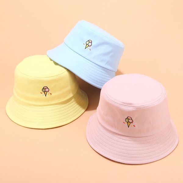 

new cute korean child hat interesting ice cream embroidered fisherman hat outdoor leisure sunshade boys girls bucket hat kids, Blue;gray