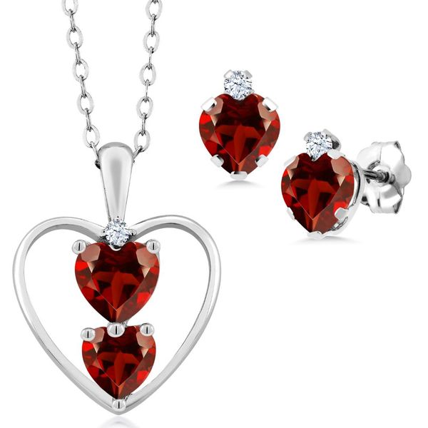 

2.22 ct heart shape red garnet 925 sterling silver pendant earrings set, Black