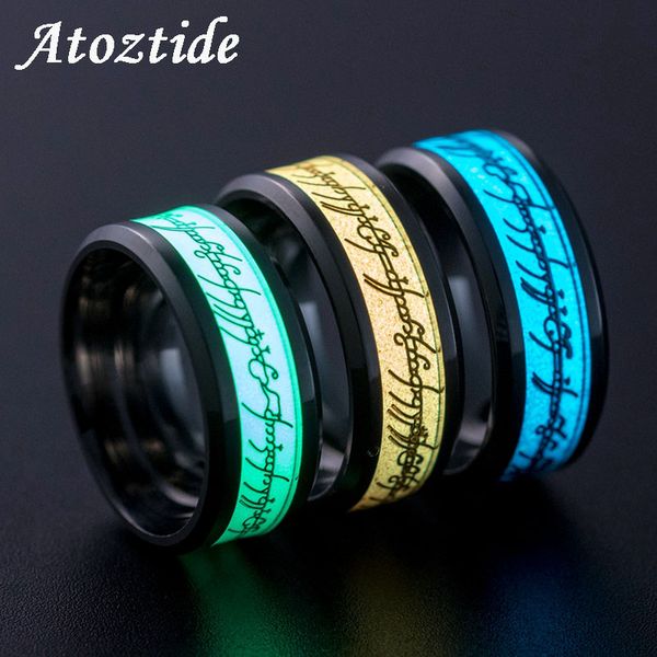 

atoztide classic blue green yellow luminous lord of rings stainless steel fluorescent ring of power party wedding band fan gift, Golden;silver