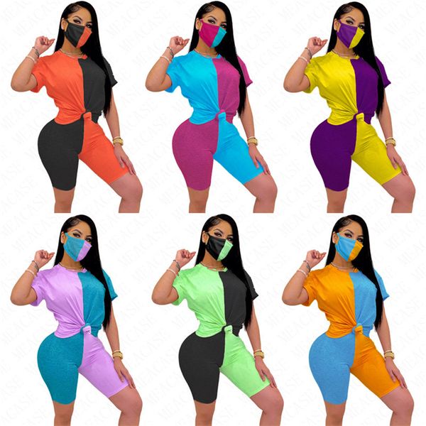 

2020 summer women contrast color patchwork tracksuit three piece suit short sleeve shorts+mask tight casual clothing s-xxl d63005, White