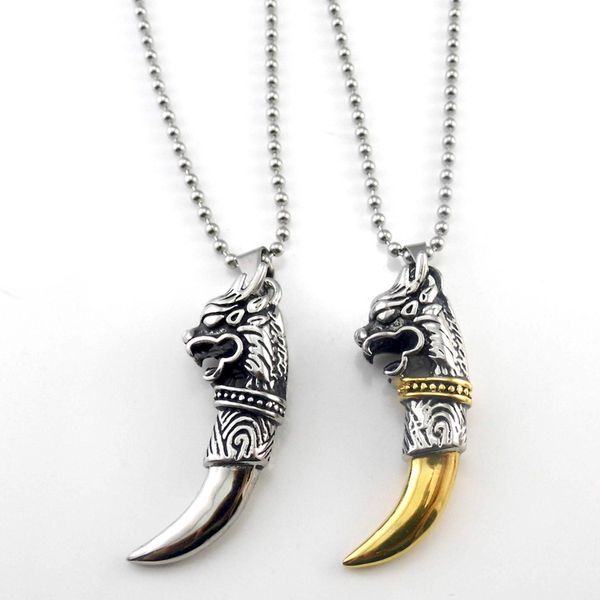

new fashion 2019 brand pendant luxury titanium steel wolf tooth necklace steel beads chain for men women couple love necklace jewelry, Silver