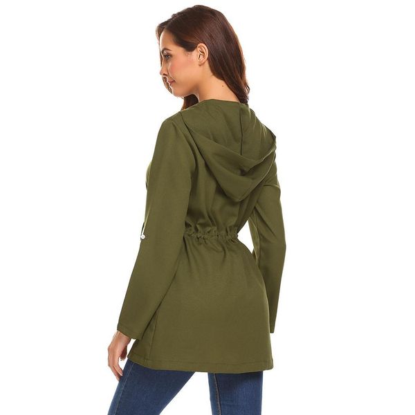 

женщины легкий с капюшоном закатать рукав zip up drawstring повседневная тренч пальто высота 176 см бюст 88 см талии 59 см бедра 90 см, Tan;black