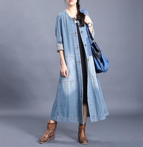 

women 2020 spring autumn bleached trench coat outerwear ladies denim overcoat female loose long coat retro, Tan;black