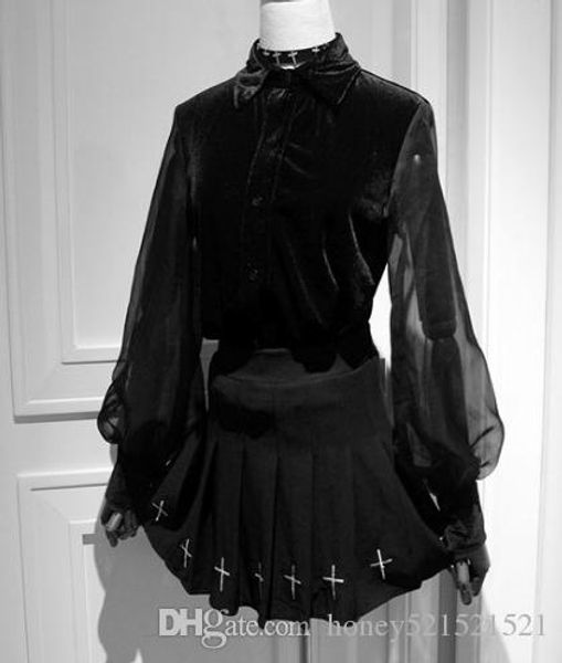 

2017 women's autumn new darkness style retro turn down collar velvet patchwork chiffon lantern long sleeve loose blouse royal shirt, White